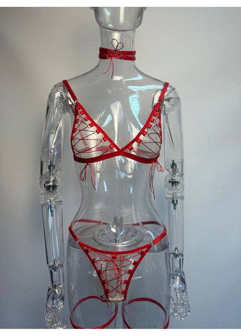 Червоний демісезонний комплект жіночої нижньої білизни poker з шнурівкою бюстгалтер трусики з гартерами та чокер червоний No Brand Покер