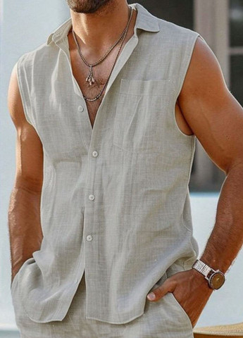 Сірий літній базовий повсякденний легкий літній лляний костюм двійка: сорочка без рукавів + шорти з шортами Allthings