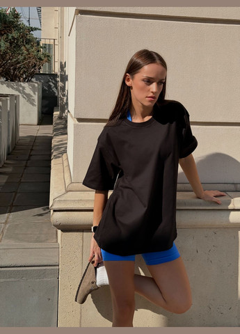 Футболка хлопковая свободного кроя удлиненная со спущенным рукавом оверсайз Черная Base Оверсайз - (316472120)