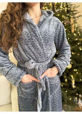 Халат жіночий махровий довгий з капюшоном і поясом. Халат махровий теплий жіночий сірого кольору з кишенями. No Brand (366571555)