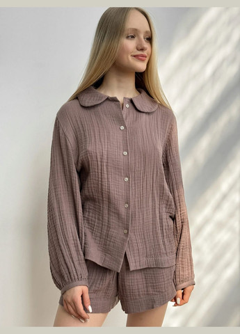 Коричневая всесезон женская муслиновая пижама (шорты и рубашка) стильная одежда для дома хлопковая пижама женская Twins