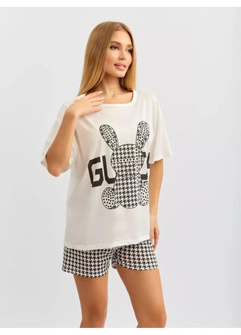 Черно-белая всесезон стильная пижама женская 3в1 с футболкой с принтом кролика, комплект бамбуковый:футболка+штаны+шорты футболка + шорты + брюки No Brand піжама жіноча 3в1