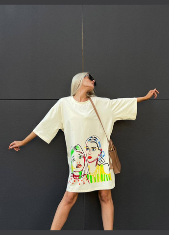 Кремовое спортивное, домашнее, пляжное, повседневный женское платье-футболка No Brand