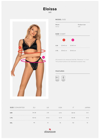 Комплект бюстгальтер и трусики Eloissa set Black S/M Obsessive (331171092)