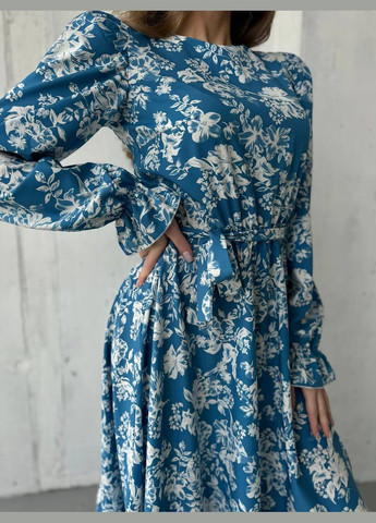 Голубое повседневный женское платье с цветочным принтом софт No Brand с цветочным принтом