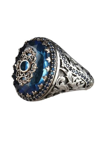 Вінтажний перстень ручної роботи з великим містичним синім каменем і стародавніми візерунками розмір 19 Fashion Jewelry (290114037)