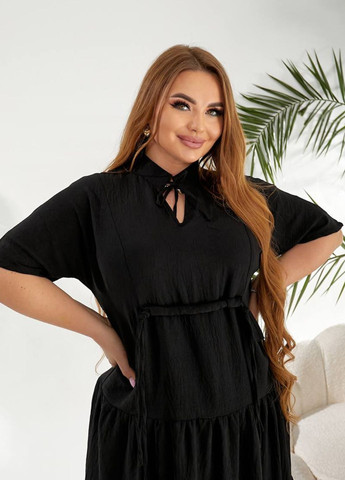 Черное повседневный женское льняное платье с рукавами цельнокроенными и юбкой полусолнце. с юбкой-солнце Tik-Tak однотонное