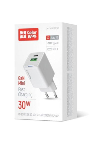 Зарядное устройство 0) white (CW-CHS053PD-WT) Colorway GaN Mini 30W PD Port PPS USB (Type-C PD + USB QC4. (370016984)