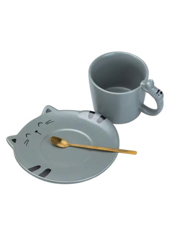 Чашка з блюдцем та ложкою порцелянова 250 мл Кошеня Сіра HP7202G TS Kitchen (370974898)