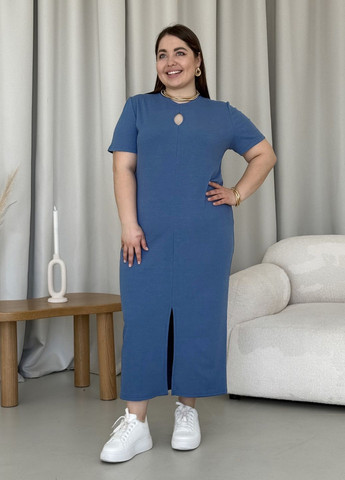 Синя пляжна, повсякденний, кежуал літня довга вільна сукня-футболка в рубчик з розрізом спереду сукня-футболка Merlini однотонна