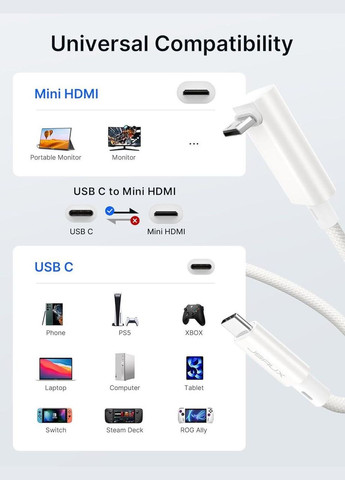 Кабель Type-C to mini HDMI Right Angle 4K@30Hz/2K@60Hz/1080P (Short Side Toward Screen) 0.9м білий Jsaux (308849312)