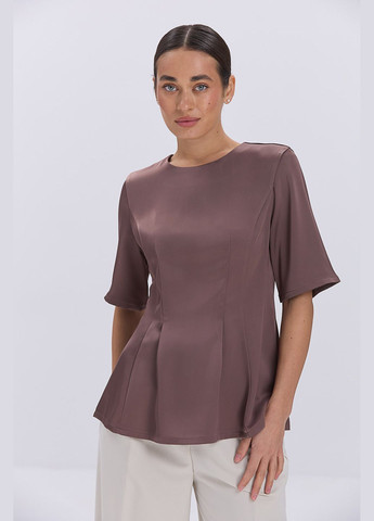 Коричневая атласная блуза с короткими рукавами и баской Arjen
