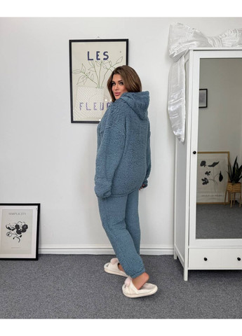 Голубая пижама женская теплая махровая брюки и кофта с капюшоном. парные пижамы No Brand