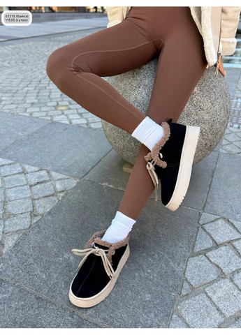 Осенние ботинки с тедди-отделкой из чёрной замши с бежевой подошвой челси No Brand с мехом из натуральной замши