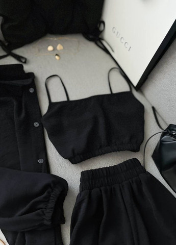 Вишуканий легкий літній повсякденний костюм трійка: сорочка + топ + шорти Allthings (344448123)