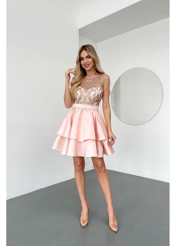 Персикова коктейльна сукня міні гліттер два волана 25019 персикова Tanita-Romario