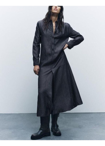 Синя сукня new міді з льоном та ліоцелем на ґудзиках плаття сорочка кльош Zara