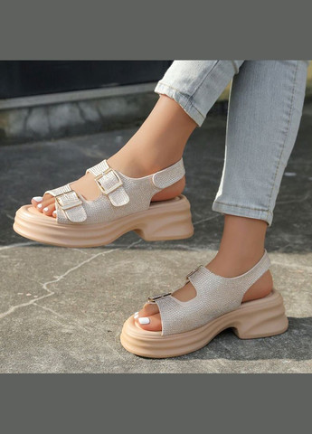 Бежевые босоножки женские бежевые со стразами. Seastar на липучке со стразами