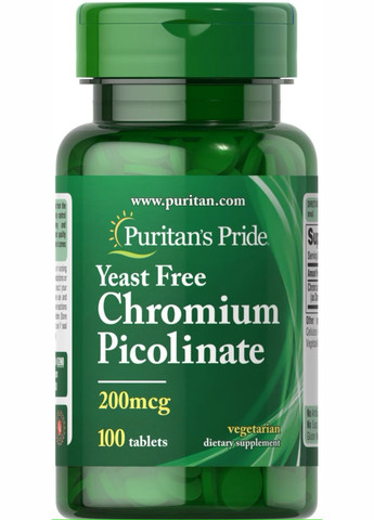 Хром Puritan's Pride Chromium Picolinate 200 mcg Yeast Free, 100 таблеток Puritans Pride (289987345)
