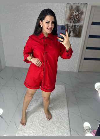 Красная всесезон пижама тройка женская красная рубашка + шорты + брюки No Brand Жіночі піжами