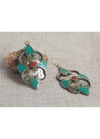Непальські сережки етнічні з бірюзою і коралом в стилі бохо No Brand (366871688)
