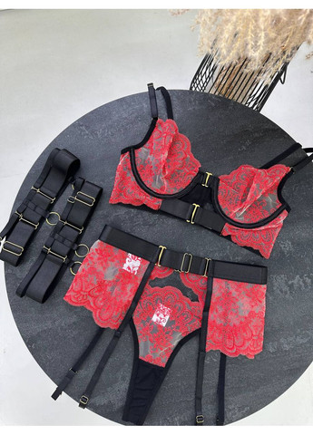 Чёрный балконет комплект женского белья | кружевной эротический с поясом и гартером, черный. Vital-Textile с косточками полиэстер, эластан