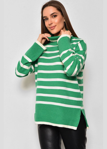 Белый зимний свитер женский полубатальный в полоску бело-зеленого цвета пуловер Let's Shop