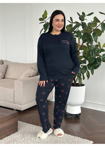 Синяя женская пижама plus size микрофлис темно-синяя, теплая / женская пижама большие размеры из мягкого микрофлиса, длинный рукав No Brand