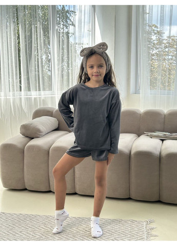 Графитовая зимняя детская велюровая пижама "3 в 1" для девочки (шорты, брюки и лонгслив), леопард, 140 футболка + шорты + брюки No Brand