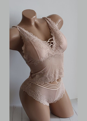 Пудровый демисезонный комплект нижнего белья удлиненный топ и трусики s/m белый (2-208) New Style