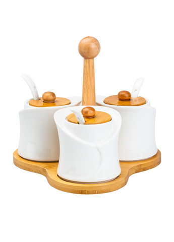 Набір керамічних банок на підставці Set of Cruets для сипучих продуктів з кришками та ложками 4 предметів Idea (296119799)