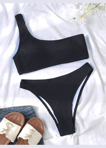 Чорний літній жіночий роздільний купальник жатка на одне плече hawaii жовтий неон No Brand