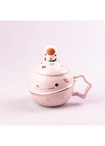 Чашка керамічна Space Walk 400мл з кришкою і ложкою Рожевий Happy Life (361254465)