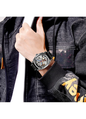 Часы механические с автоподзаводом для мужчин серебристый корпус черный ремешок классические стрелочные ProDobro (367265422)