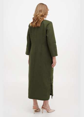 Зеленое длинное льняное платье с цветочной вышивкой с длинным рукавом жаклен. бежевый, р.46, код 0342/46/606 ГАЛЕРЕЯ ЛЬОНУ