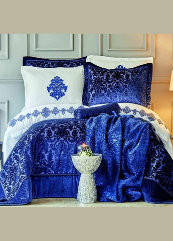 Набір постільна білизна з покривалом + плед Volante lacivert синій (10 предметів) Karaca Home (285778518)
