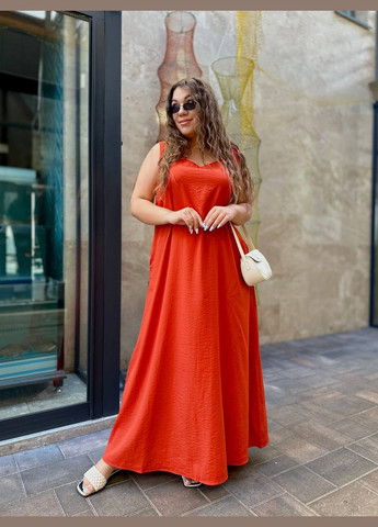 Терракотовое повседневный льняное платье макси свободного кроя MonCher