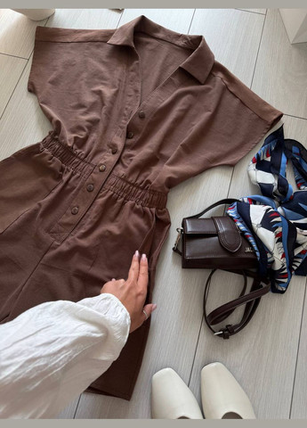 Жіночий комбінезон FINO Mode комбінезон-шорти коричневий повсякденний, коктейльний, вечірній, кежуал льон