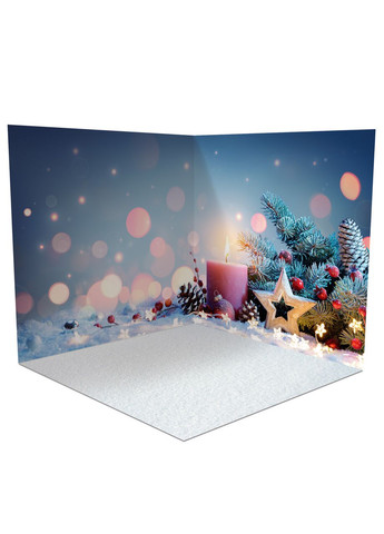 Кутовий вініловий фотофон 3D зимові свічки та ялинка, підлога біле дерево і сніг, 70×70 см, №58501 PhotoVinyl (354359211)