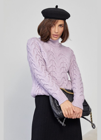 Лавандовий зимовий жіночий светр із великої в'язки в косичку 4645 Lurex