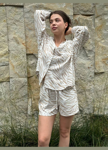 з сорочкою і шортами — літній вільний комплект з довгим рукавом і кишенями No Brand Лляний жіночий костюм (333342426)