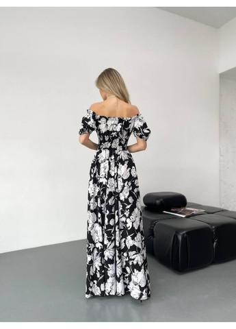 Чорно-білий святковий, повсякденний, вечірня, пляжна, кежуал жіноча довга сукня з відкритими плечима Vakko з квітковим принтом