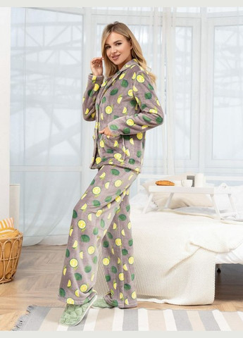 Комбинированная зимняя махровая серая пижама на пуговицах с фруктовым рисунком ISSA PLUS
