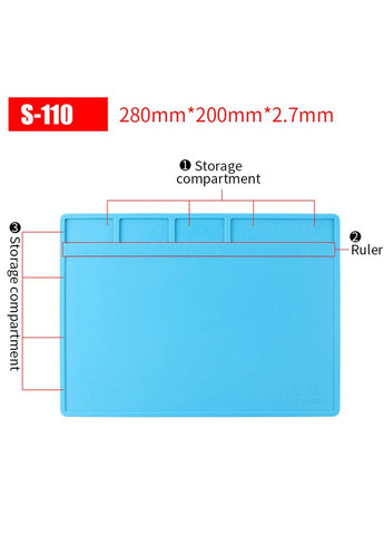 Мат силіконовий, термостійкий S-110, для ремонту техніки та розкладки запчастин / 280x200 мм Blue AIDA (322566174)