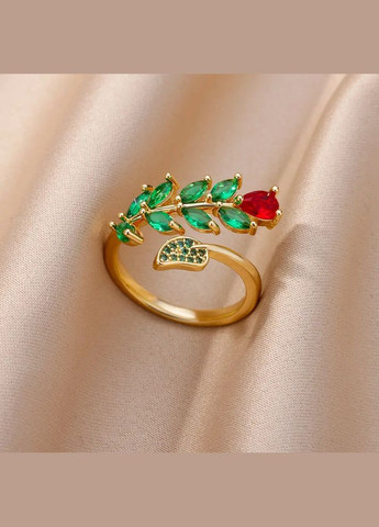Обручка у вигляді квітки вкрита червоним і зеленими фіанітами медичне золото розмір регульований Fashion Jewelry (289355701)