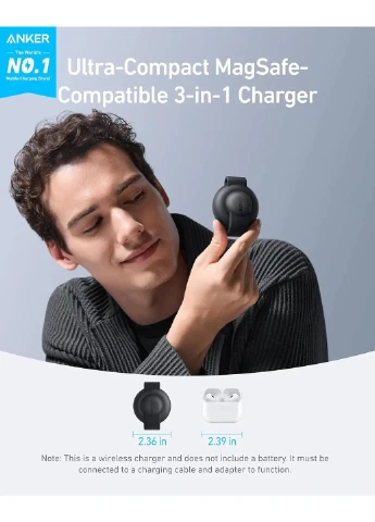 Бездротовий зарядний пристрій MagGo Wireless Charging Pad 15W 3-in-1 Foldable Black (B25M8H11) Anker (399493833)