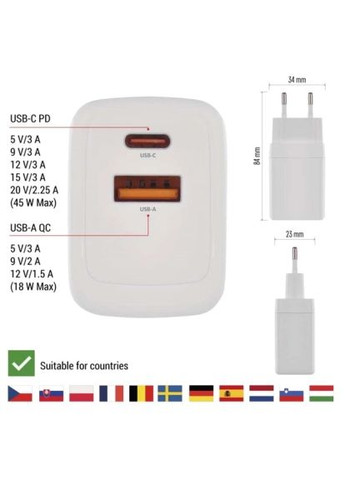 Зарядний пристрій (V04G45) Emos V04G45 1xUSB-A + 1xUSB-C PD20W GaN (369880992)