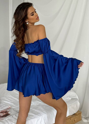 Синій літній ніжний домашній комплект двійка: топ з відкритими плечима та довгими пишними рукавами + шорти Tik-Tak