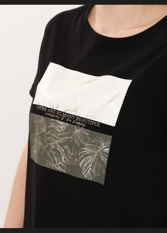 Чорна літня футболка жіноча чорна пряма з розрізами та принтом з коротким рукавом MDG Пряма