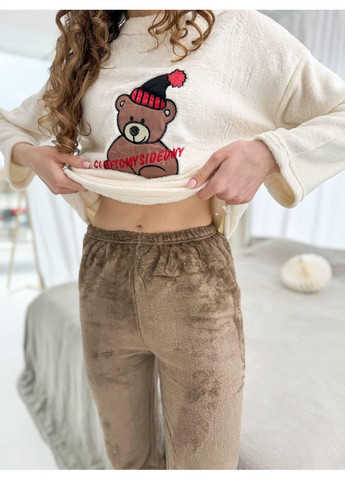Комбінована піжама жіноча флісова з ведмедиком бежево-коричнева. піжама тепла плюшева ведмедик беж/мокко. No Brand
